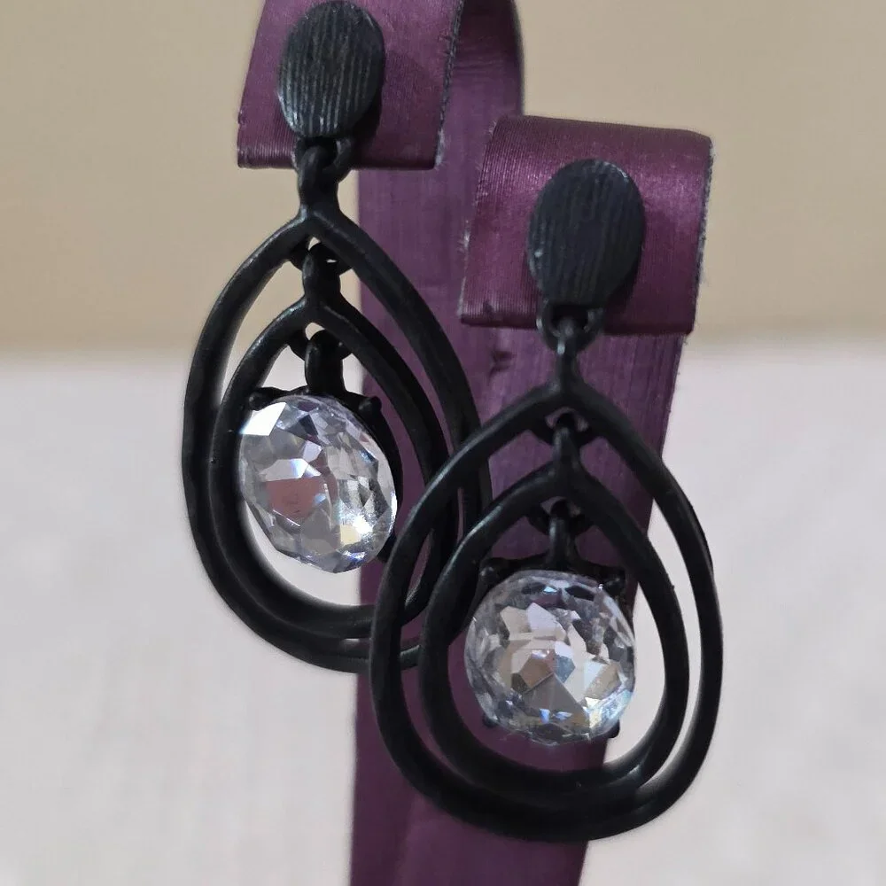 Matte Black Metal Two Teardrop Large Center Rhinestone Dangle Pierced Earrings